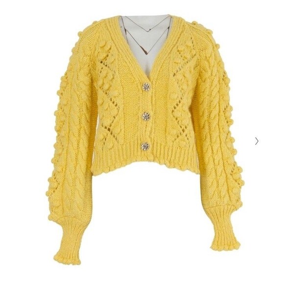 Dilvin Knit Bobble Yellow Cable Knit Jewel Buttons Scalloped Hem Cardigan M - Picture 4 of 14